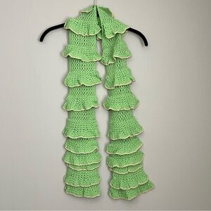 Green Wool Cashmere Angora Blend Scarf, Ruffled Tiered Crochet, Boho Fairycore